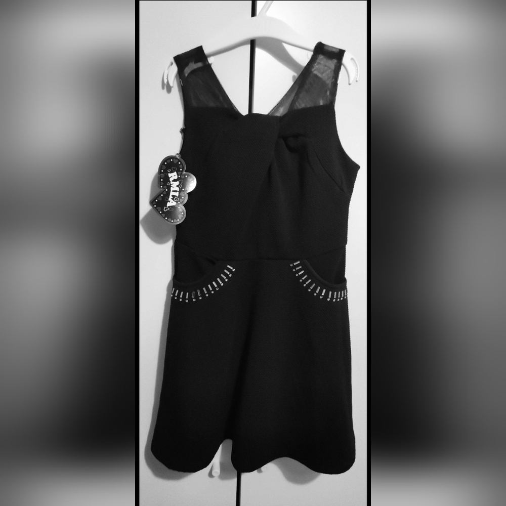 GIRL'S black stretch dress gown pockets 14